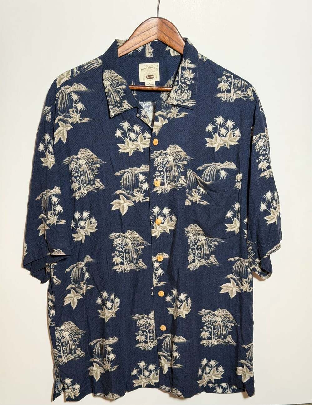 Original Island Sport Men's Blue Tropical Palm Tree Hawaiian Rayon Shirt Size L